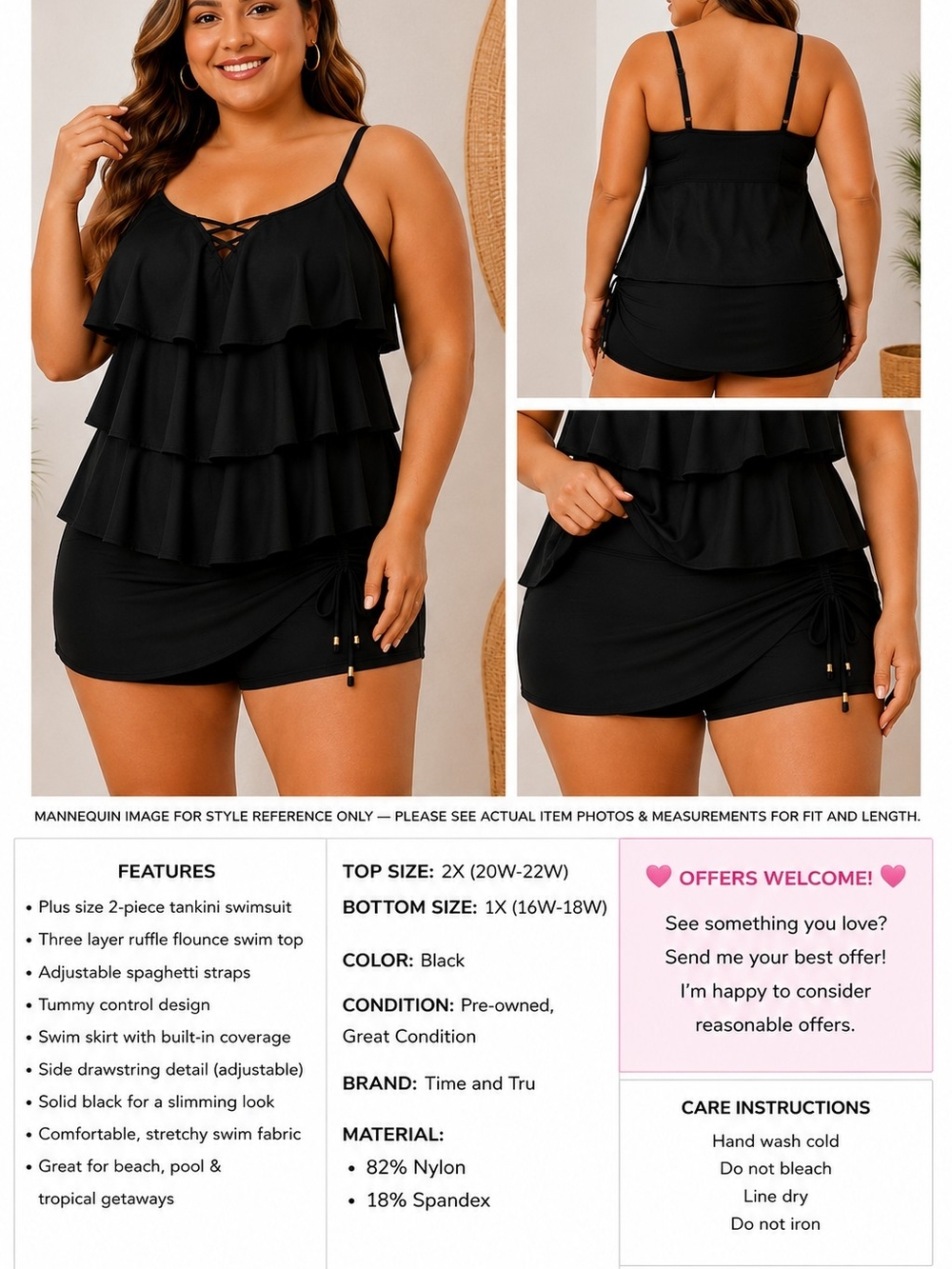 Time and Tru Plus Size Black 3-Tier Ruffle Tankini Set 2X Top 1X Bottom